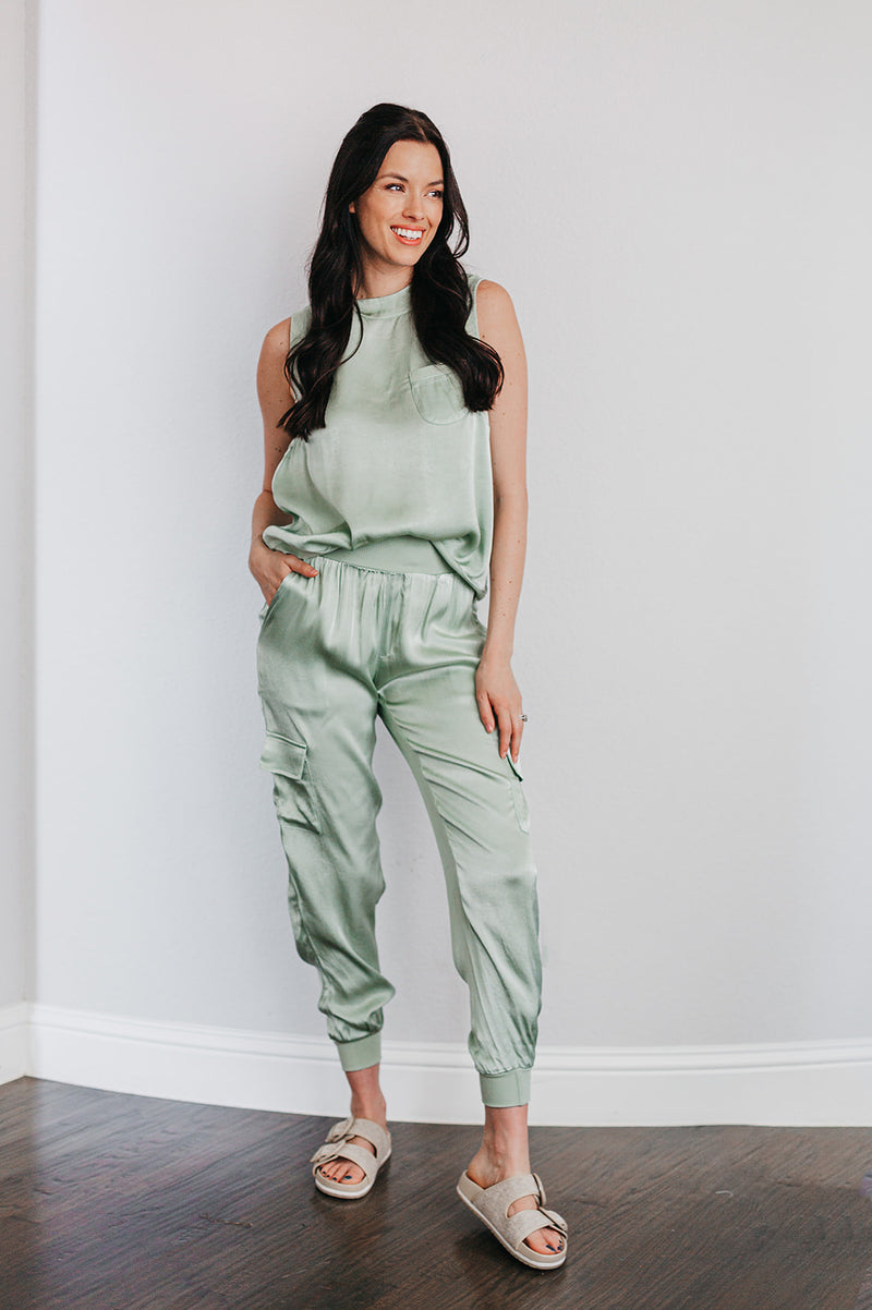 Whitley Satin Pocketed Jogger Pants - Sage