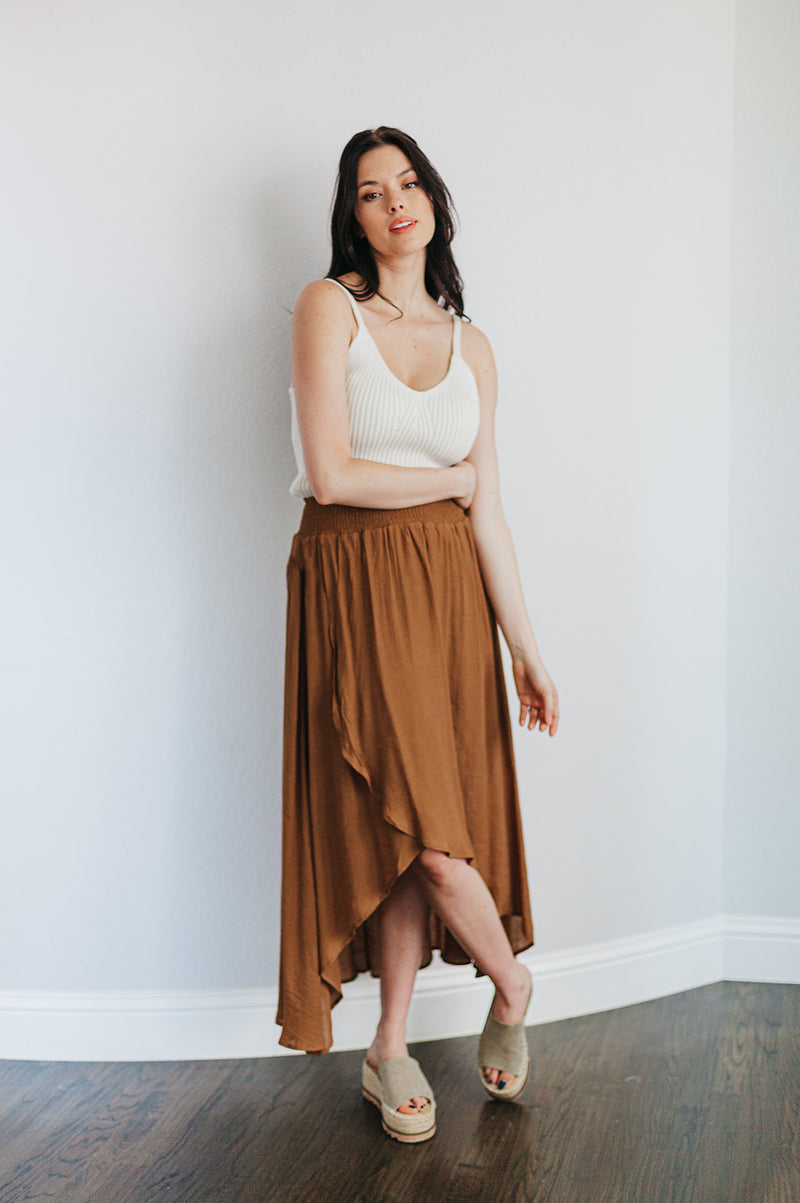 Cove Haven Surplice Midi High Low Skirt- Camel