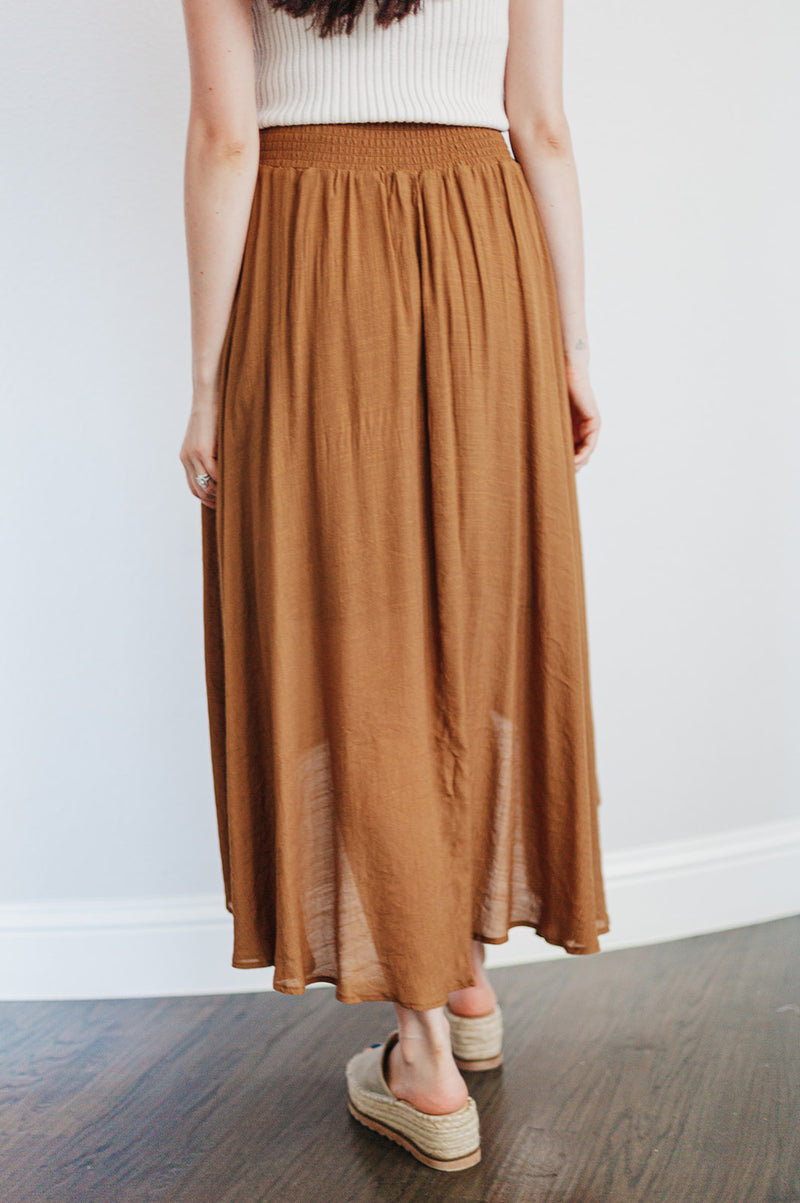 Cove Haven Surplice Midi High Low Skirt- Camel