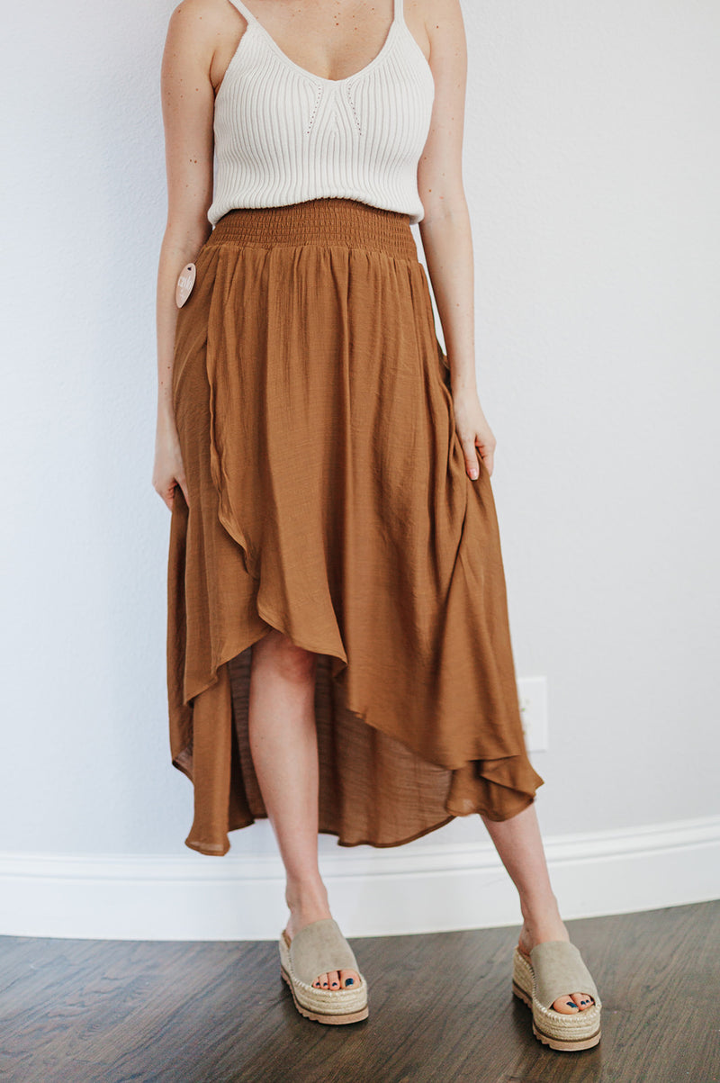 Cove Haven Surplice Midi High Low Skirt- Camel