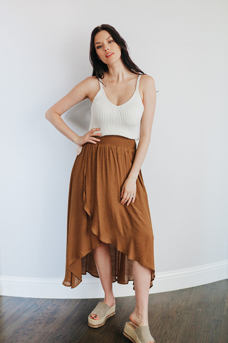 Cove Haven Surplice Midi High Low Skirt- Camel