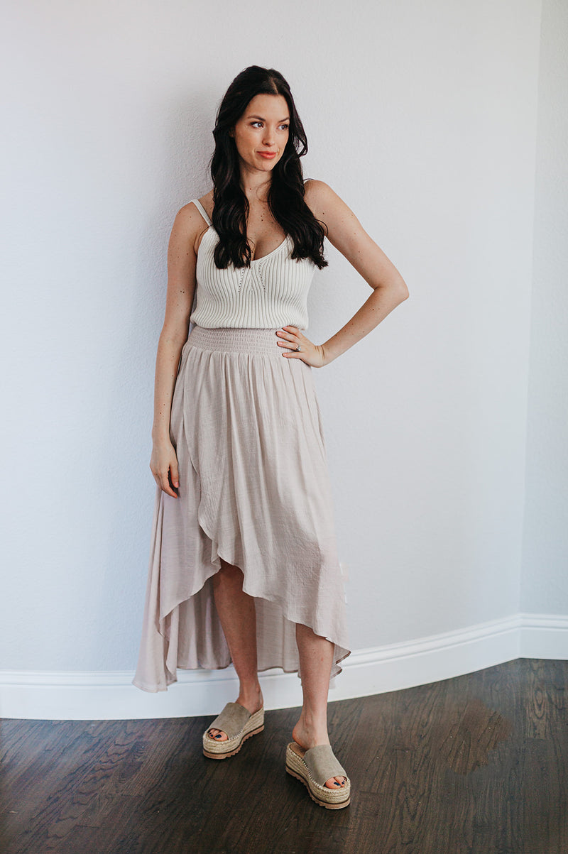 Cove Haven Surplice Midi High Low Skirt- Champagne