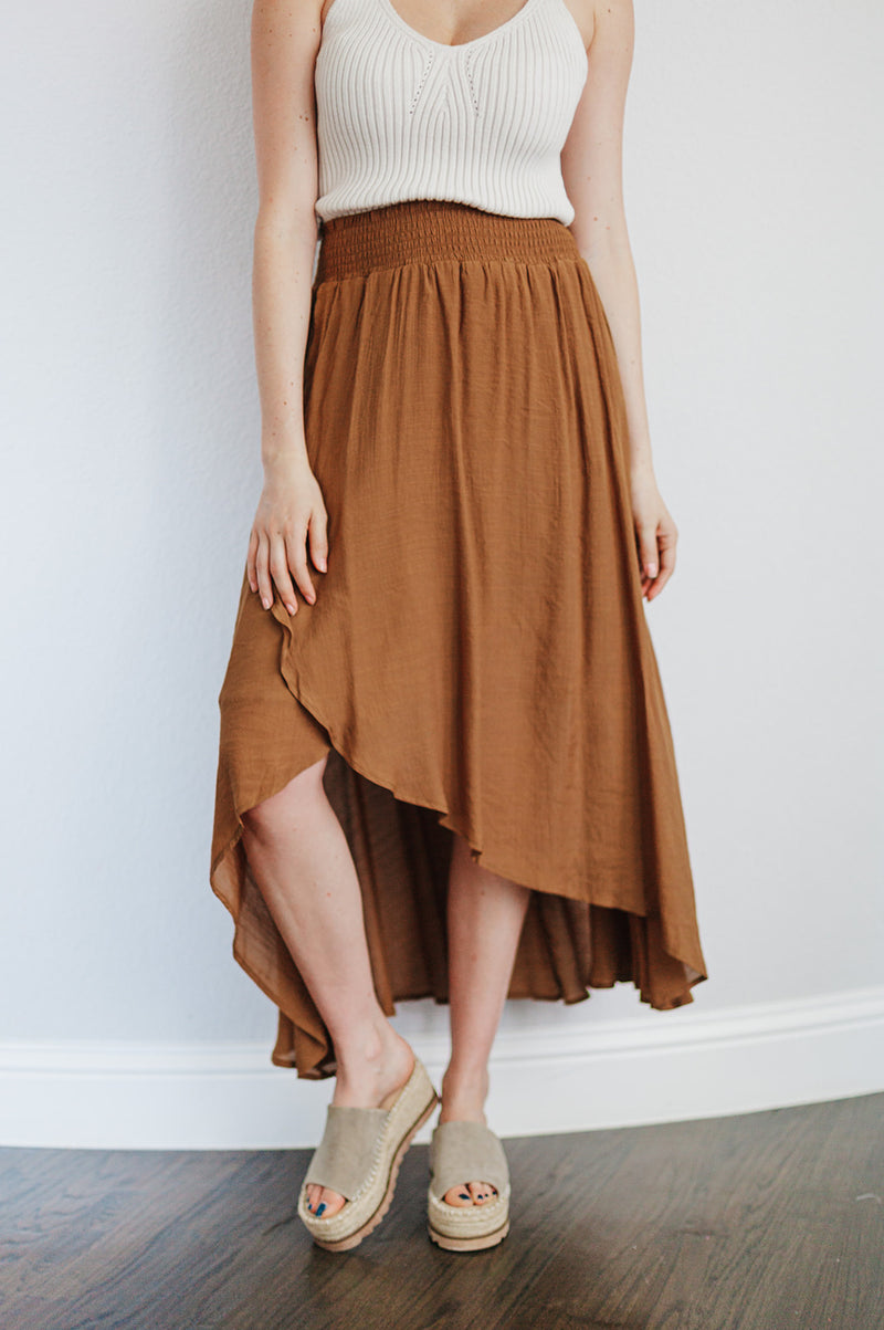 Cove Haven Surplice Midi High Low Skirt- Camel