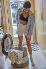 Mandy High Rise Distressed Denim Shorts- Cream