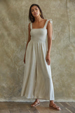 Sirius Pocketed Smocked Tie Linen Jumpsuit