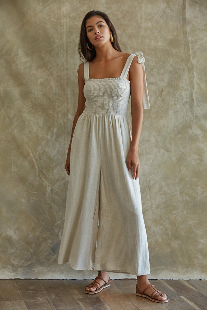 Sirius Pocketed Smocked Tie Linen Jumpsuit