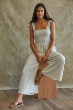 Sirius Pocketed Smocked Tie Linen Jumpsuit