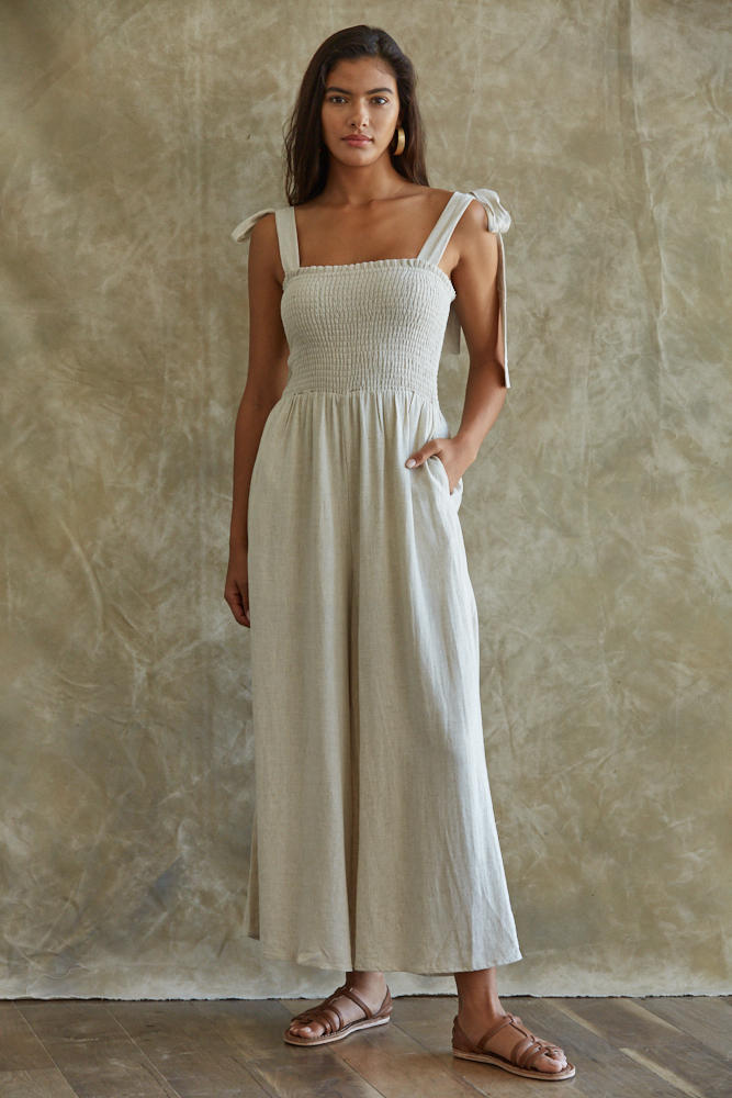 Sirius Pocketed Smocked Tie Linen Jumpsuit
