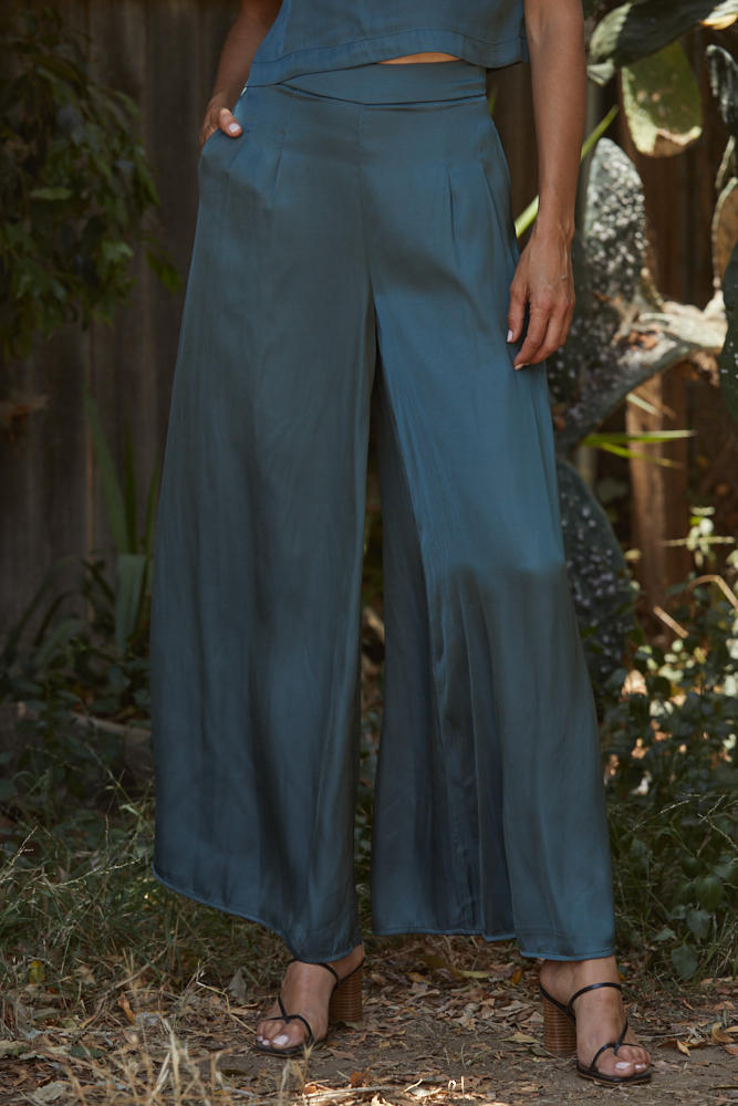 Tamra Wide Leg Satin Pants- Hunter Green