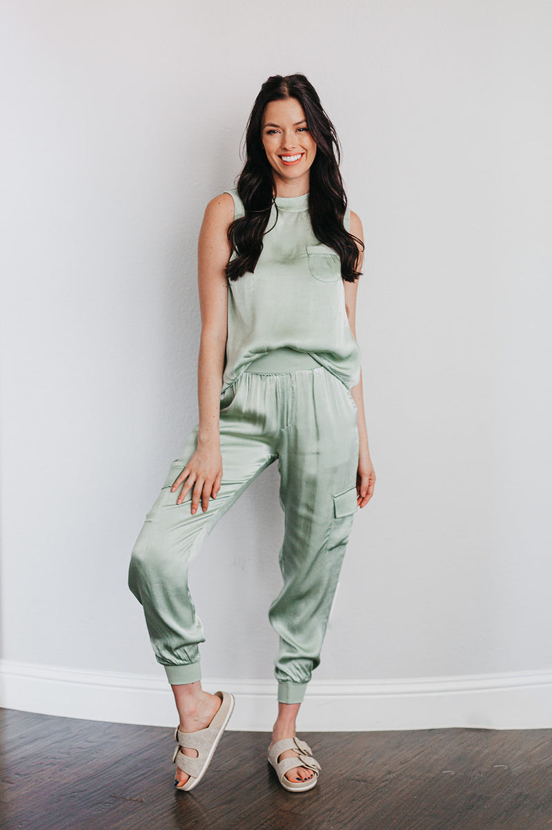 Whitley Satin Pocket Tank Top- Sage