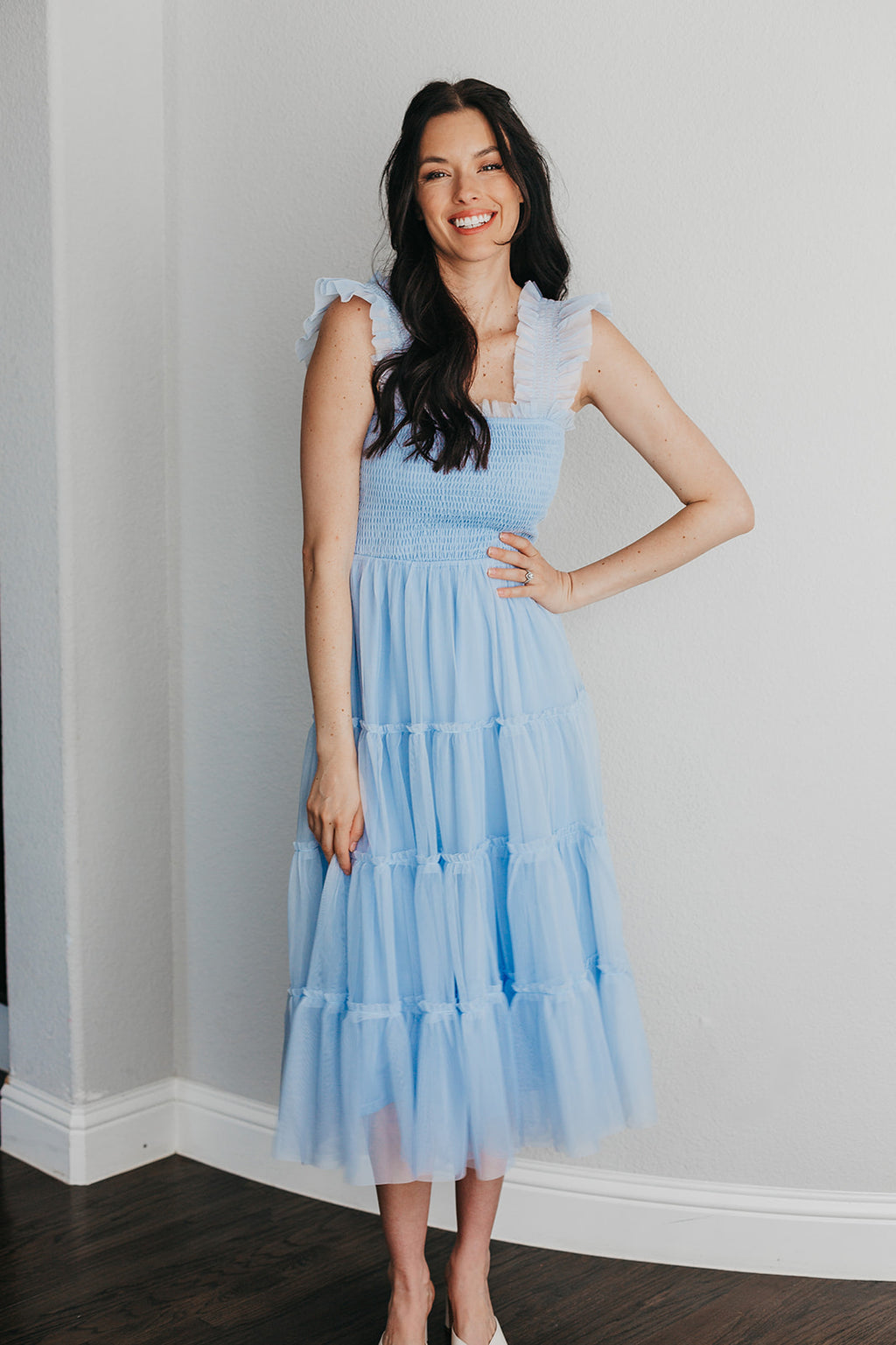 Fairytale Love Tulle Smocked Midi Dress- Blue