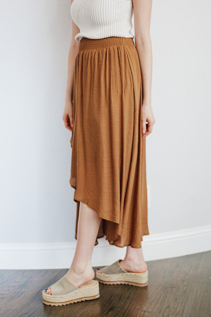 Cove Haven Surplice Midi High Low Skirt- Camel