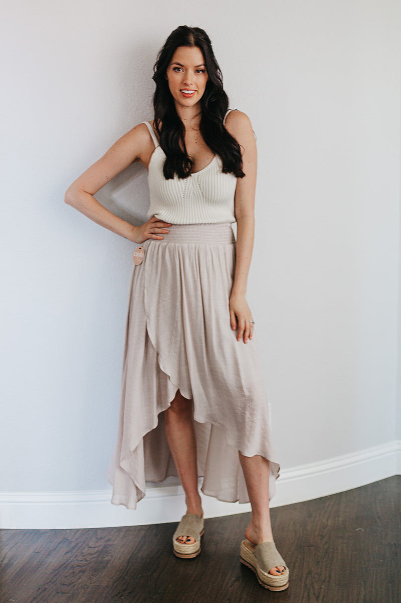 Cove Haven Surplice Midi High Low Skirt- Champagne