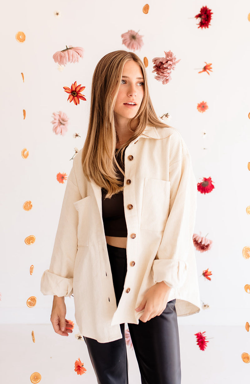 Camfield Corduroy Button Down Shacket- Cream