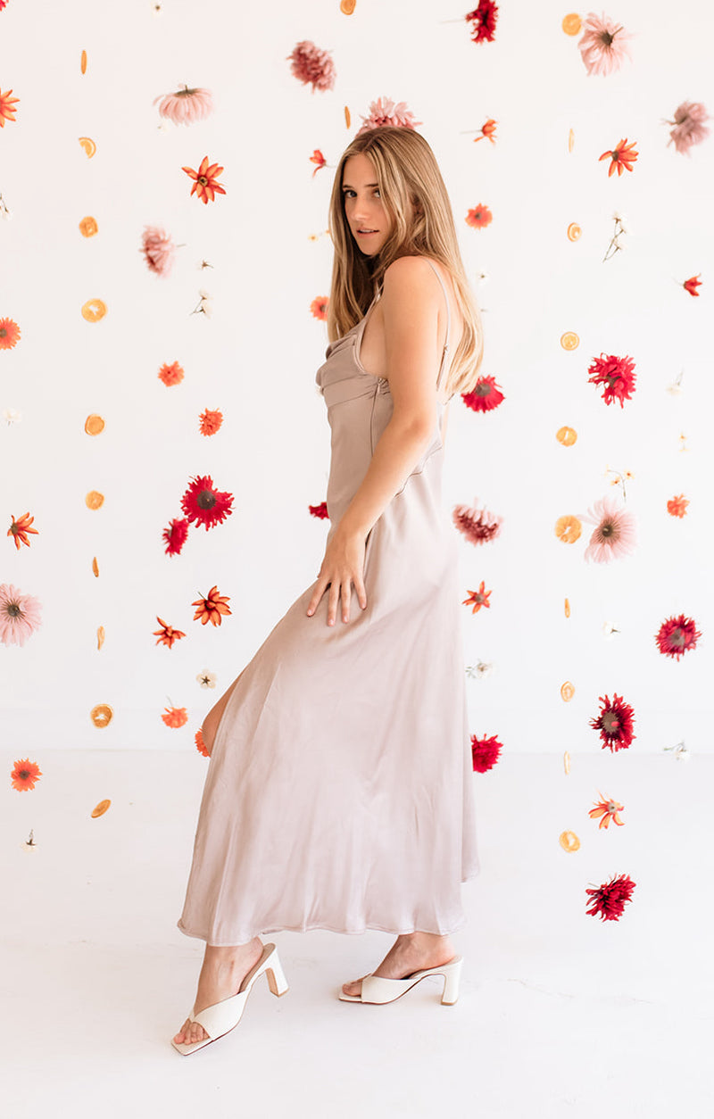 Lucia Satin Cowl Neck Maxi Dress - Mocha