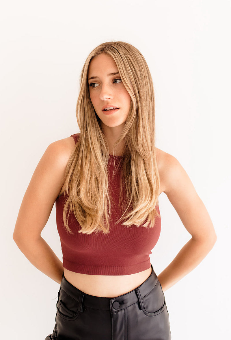 Crew Neck Crop Top - Burgundy