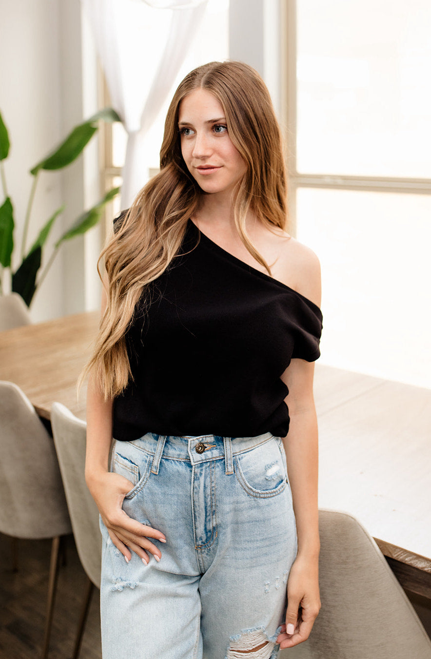 Good Times Draped Ribbed Knit Top - Black