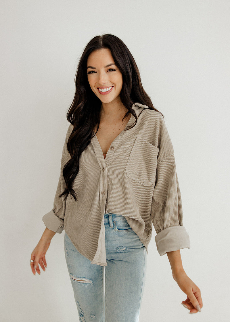 Cayla Corduroy Button Down Pocket Top - Mocha