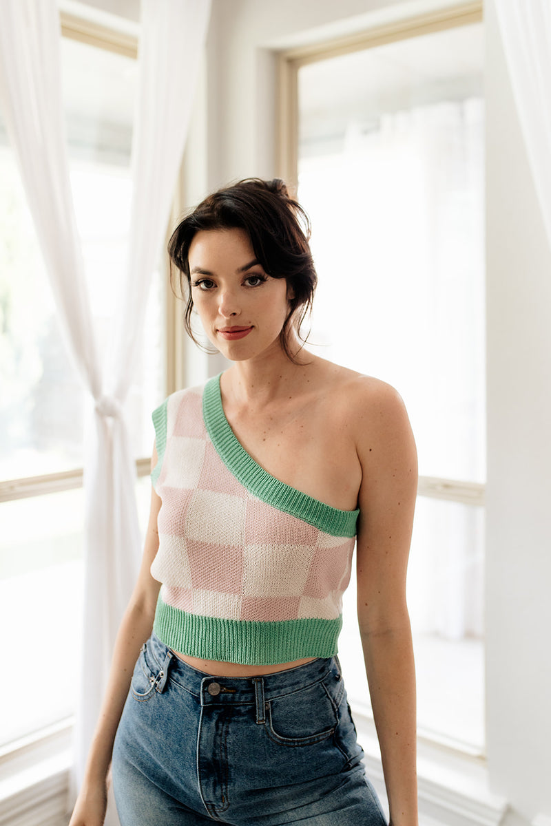 Cope Checkered One Shoulder Top