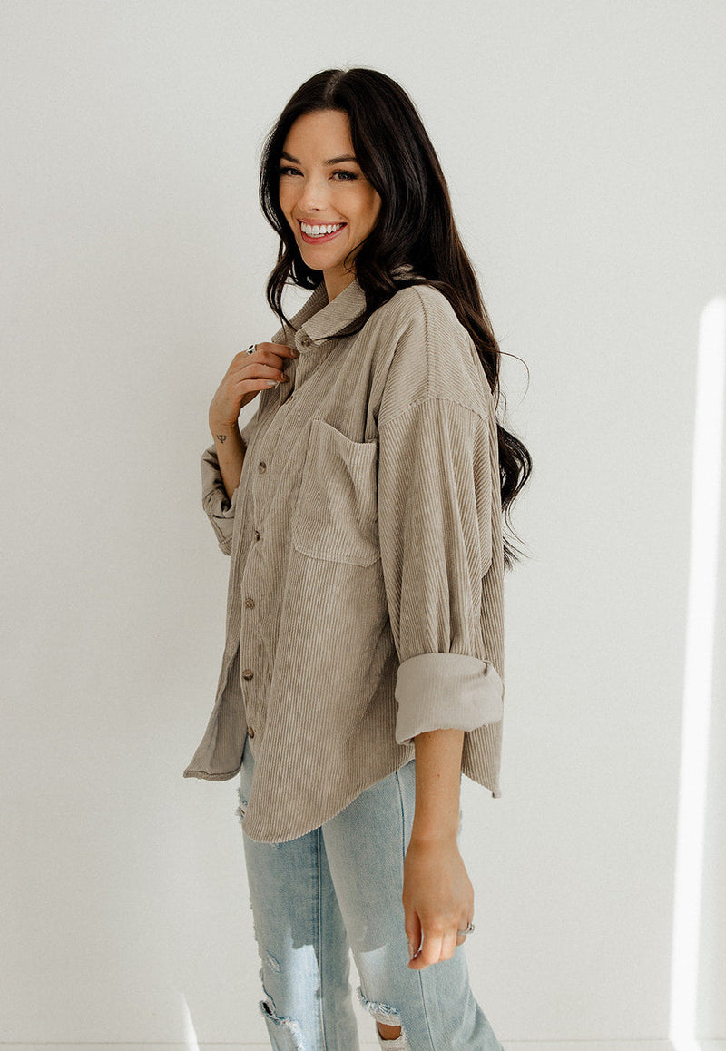 Cayla Corduroy Button Down Pocket Top - Mocha