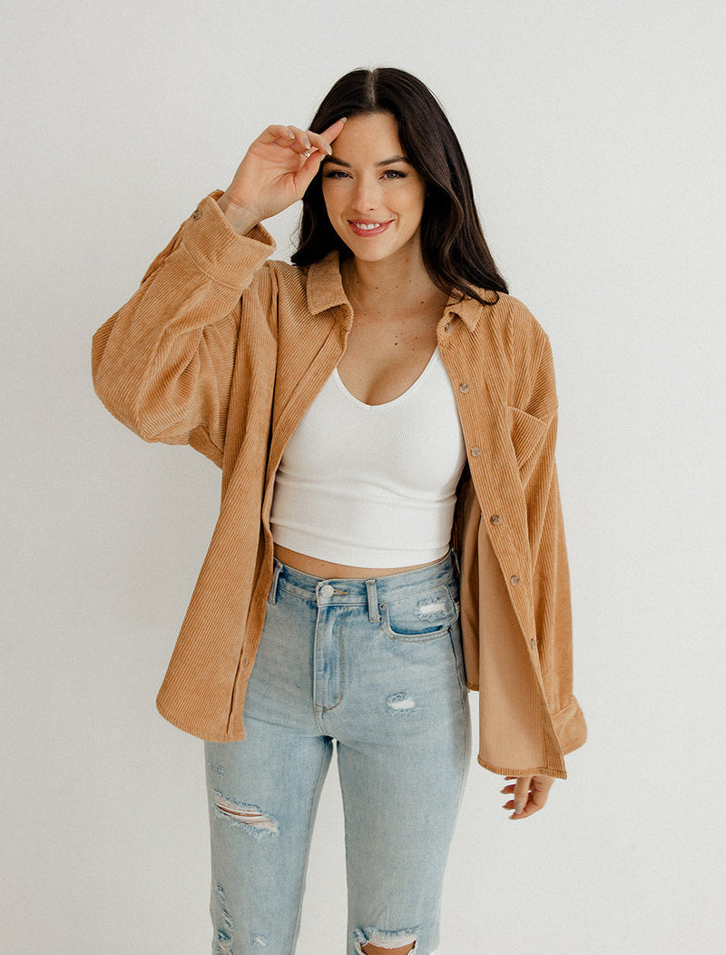 Cayla Corduroy Button Down Pocket Top - Camel