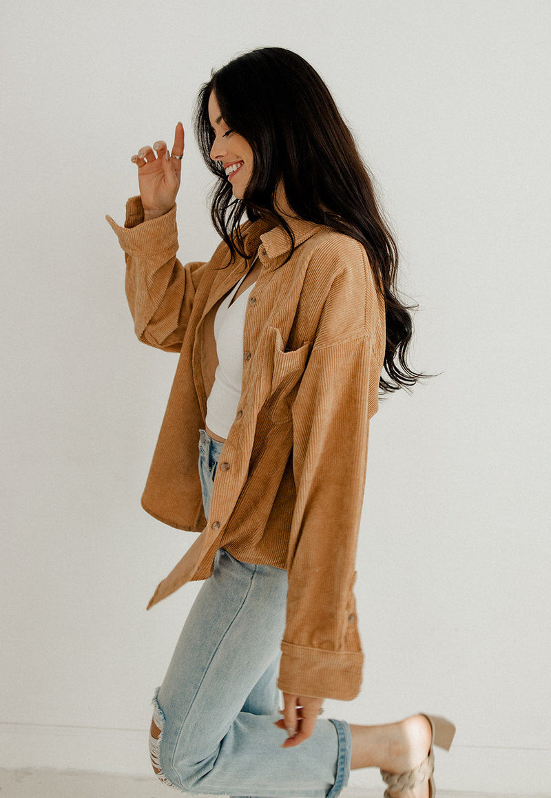 Cayla Corduroy Button Down Pocket Top - Camel