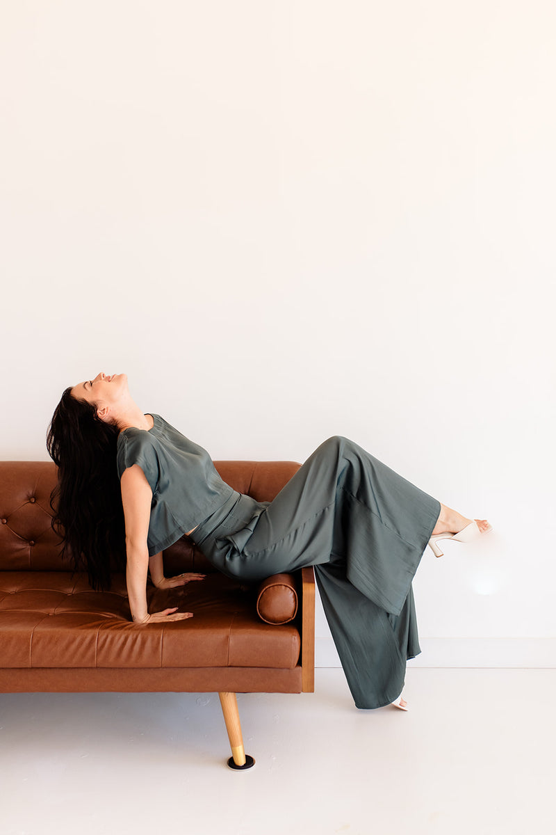 Tamra Wide Leg Satin Pants- Hunter Green