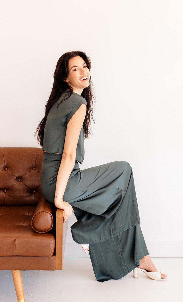 Tamra Wide Leg Satin Pants- Hunter Green