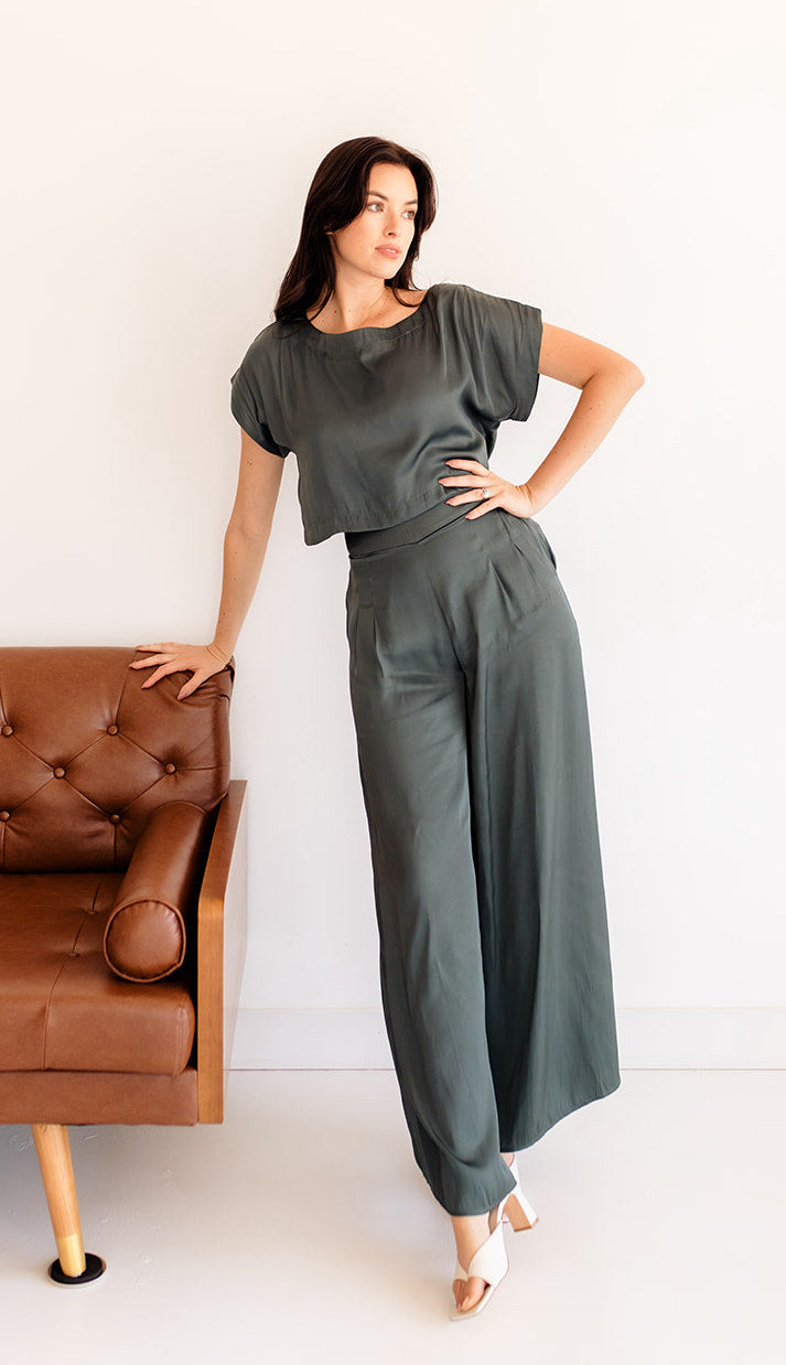 Tamra Wide Leg Satin Pants- Hunter Green