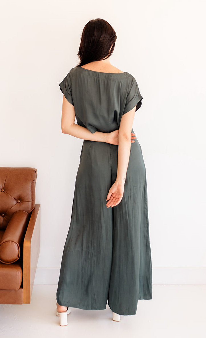 Tamra Wide Leg Satin Pants- Hunter Green