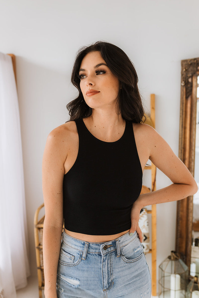 Crew Neck Crop Top - Black