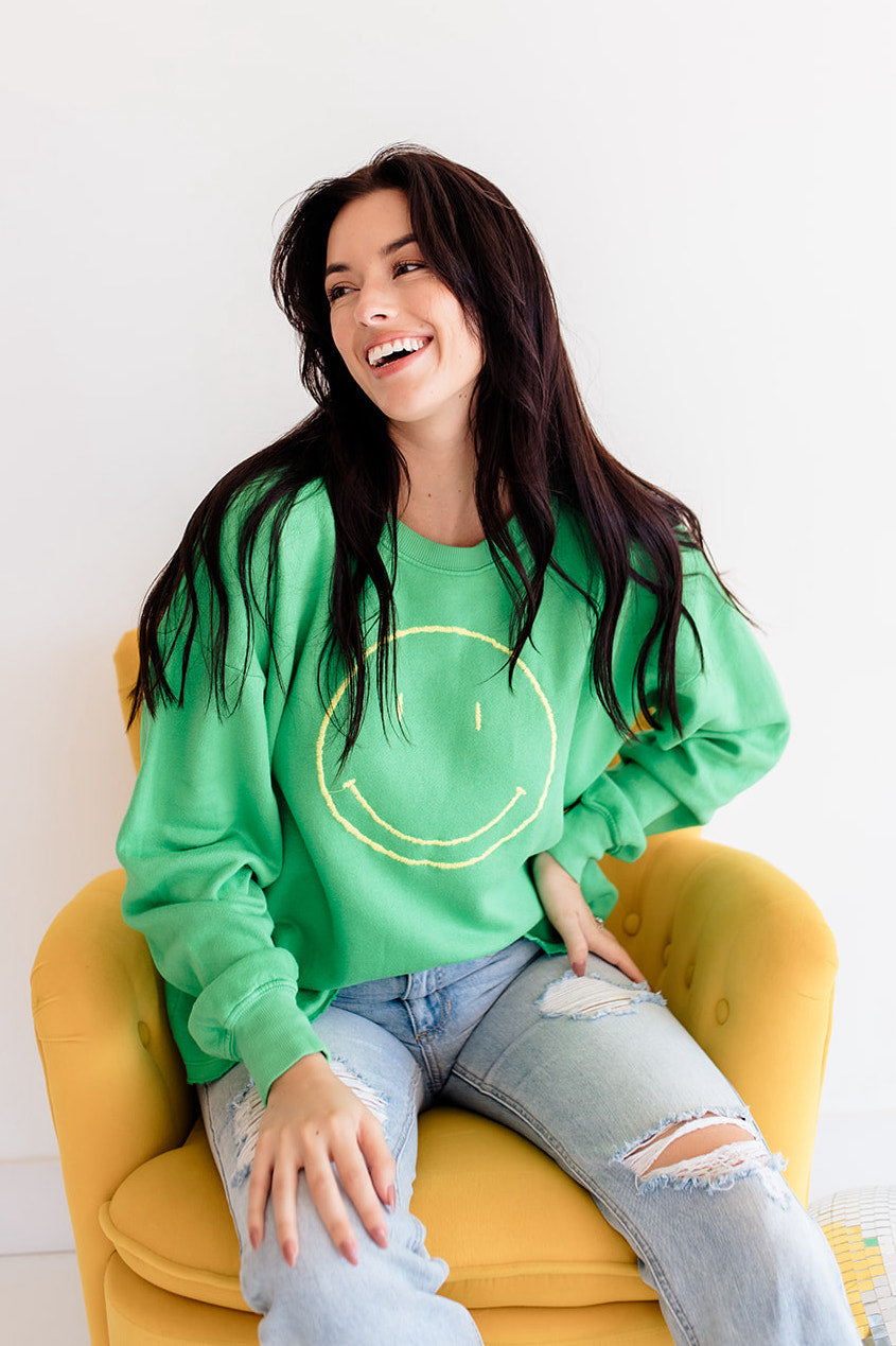 Happy Day Smiley Face Pullover Sweater- Green