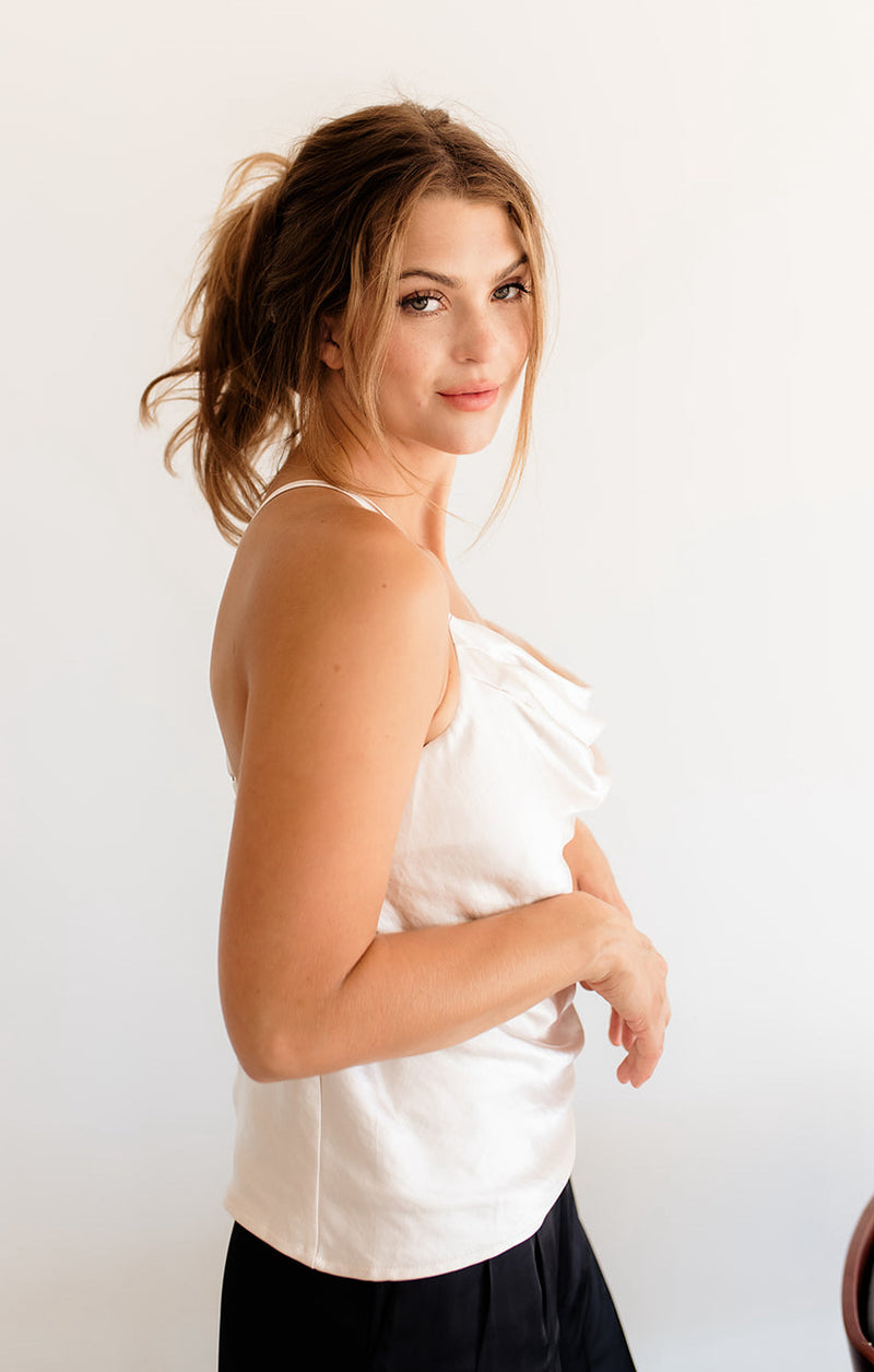 Keira Satin Cowl Neck Tank - Pearl