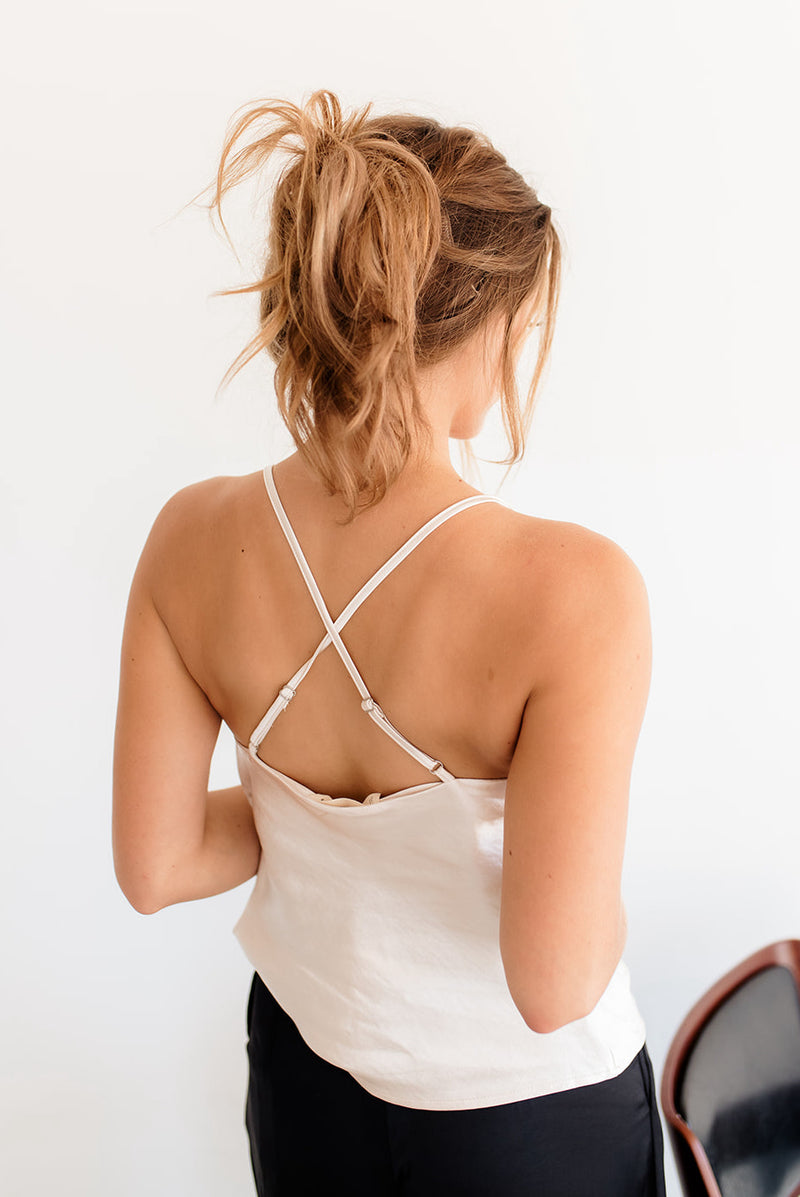 Keira Satin Cowl Neck Tank - Pearl