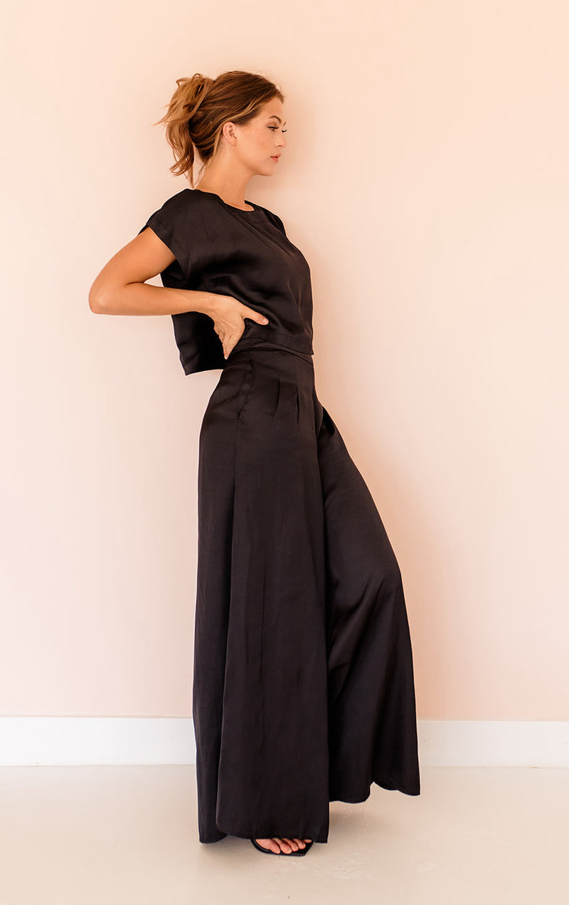 Tamra Wide Leg Satin Pants- Black