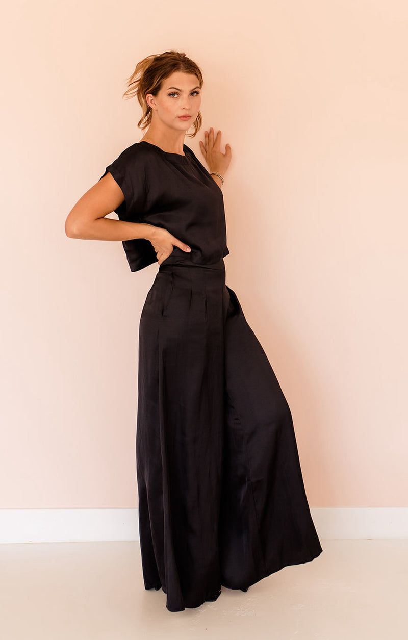 Tamra Wide Leg Satin Pants- Black