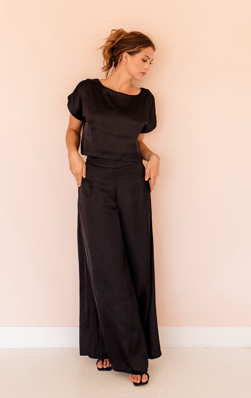 Tamra Wide Leg Satin Pants- Black