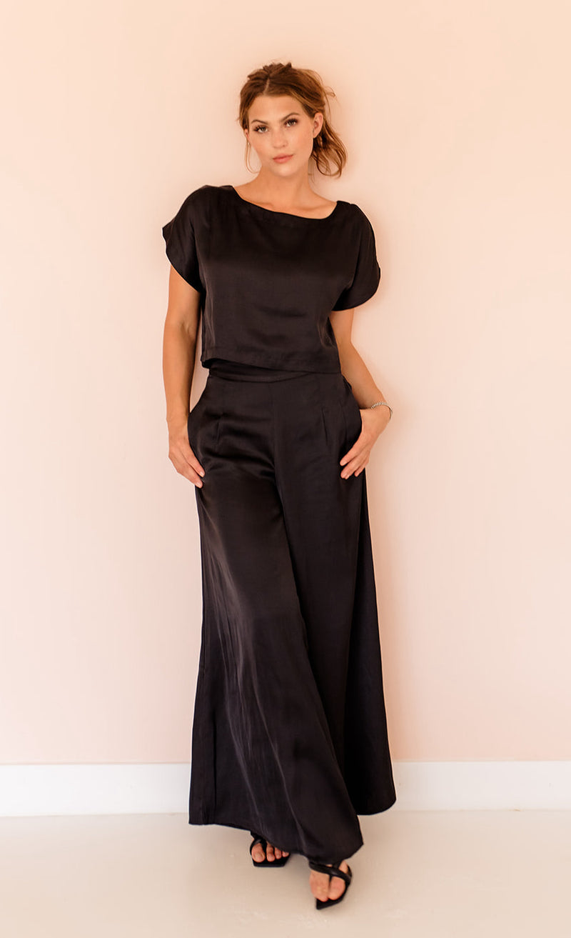 Tamra Wide Leg Satin Pants- Black