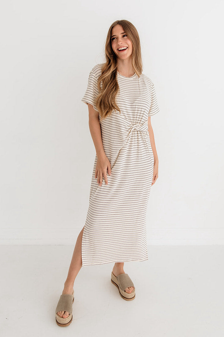 Jiya Jersey Striped Twist Front Midi Dress