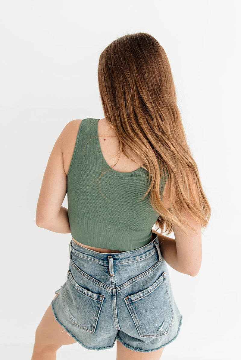 Jolie Ribbed Seamless Crop Top - Dark Sage
