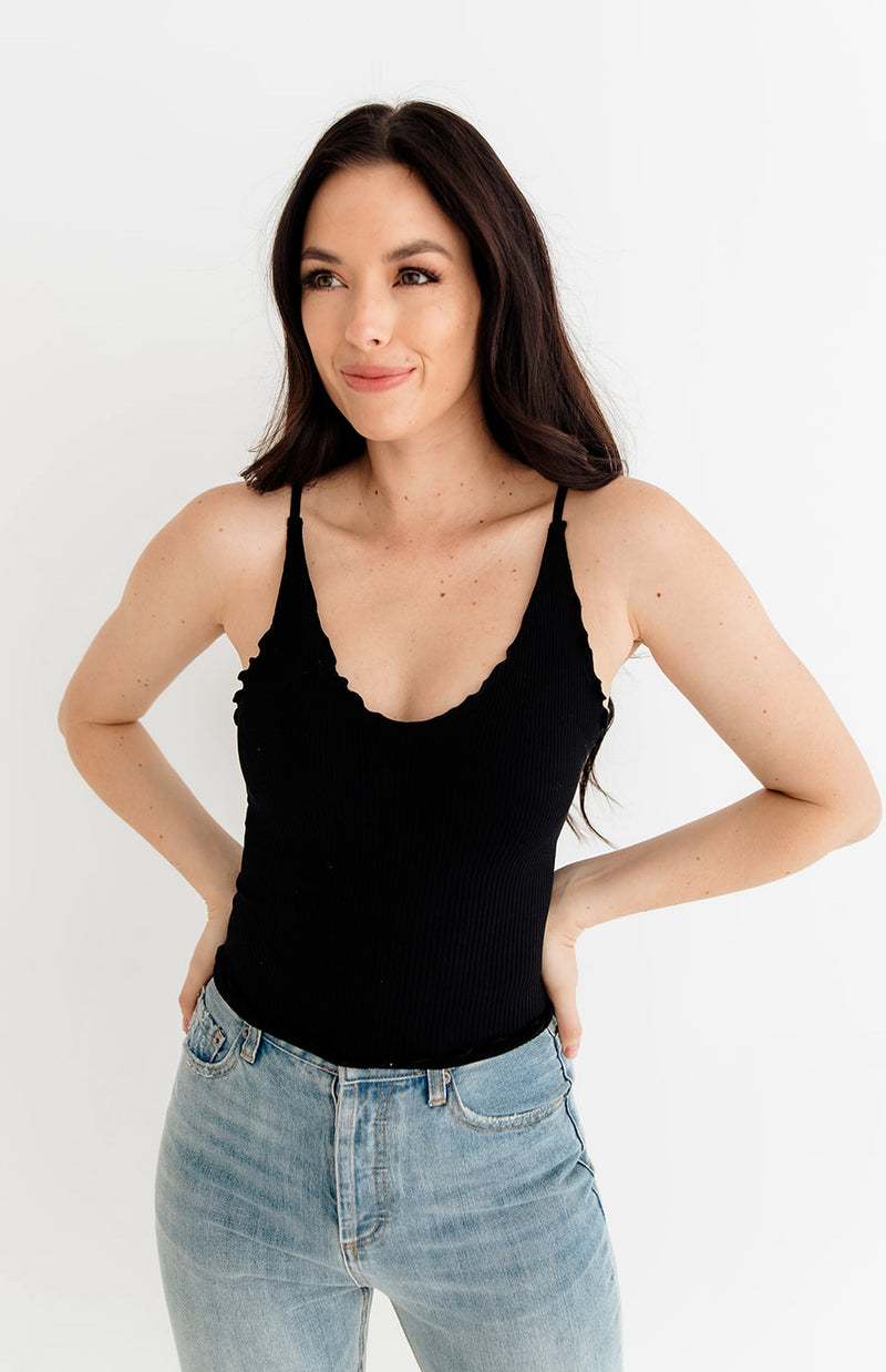 Forever Young Seamless Frill Ruffle Tank Top - Black