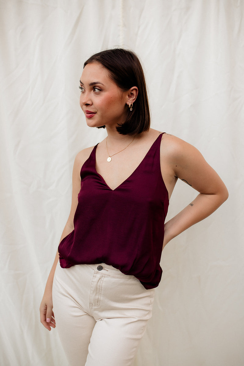 Florence Satin Cami Tank - Burgundy