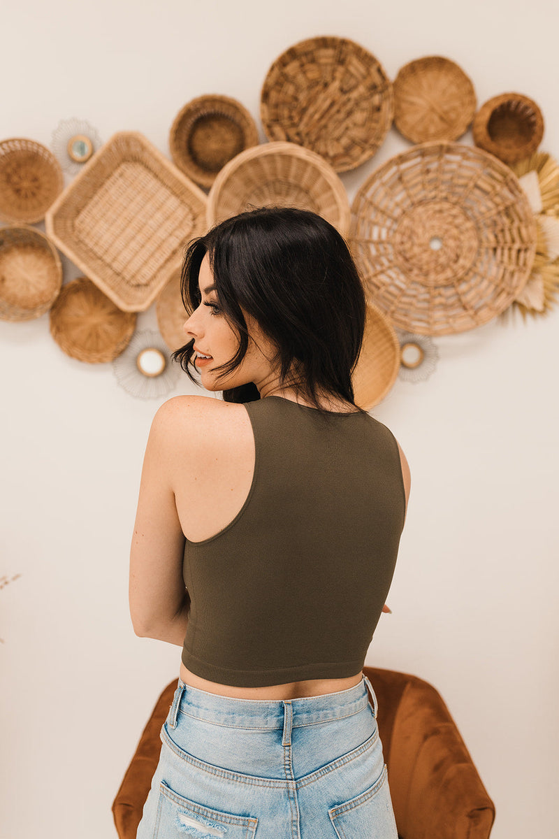 Crew Neck Crop Top - Moss