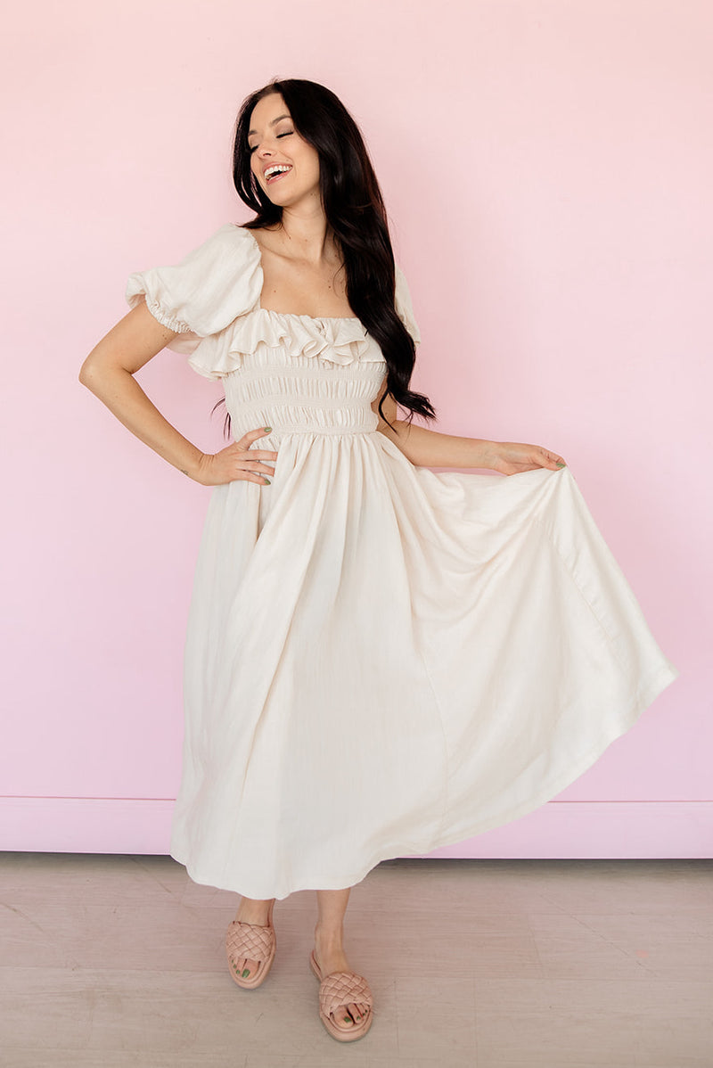 On Cloud Nine Smocked Ruffle Midi Dress