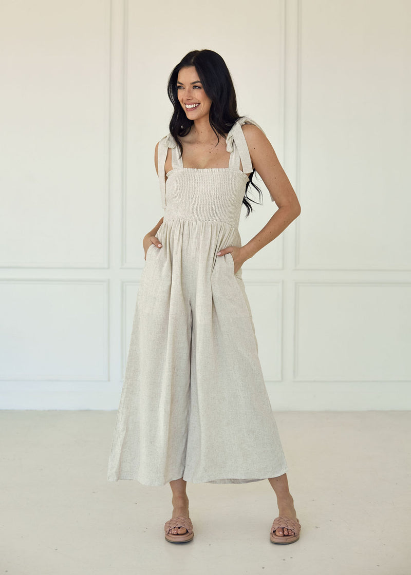 Sirius Pocketed Smocked Tie Linen Jumpsuit